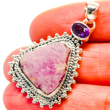 925 sterling silver pendant with rough pink opal teardrop and round amethyst cabochon