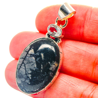 Oval Picasso Jasper pendant with round crystal accent, 925 sterling silver bail