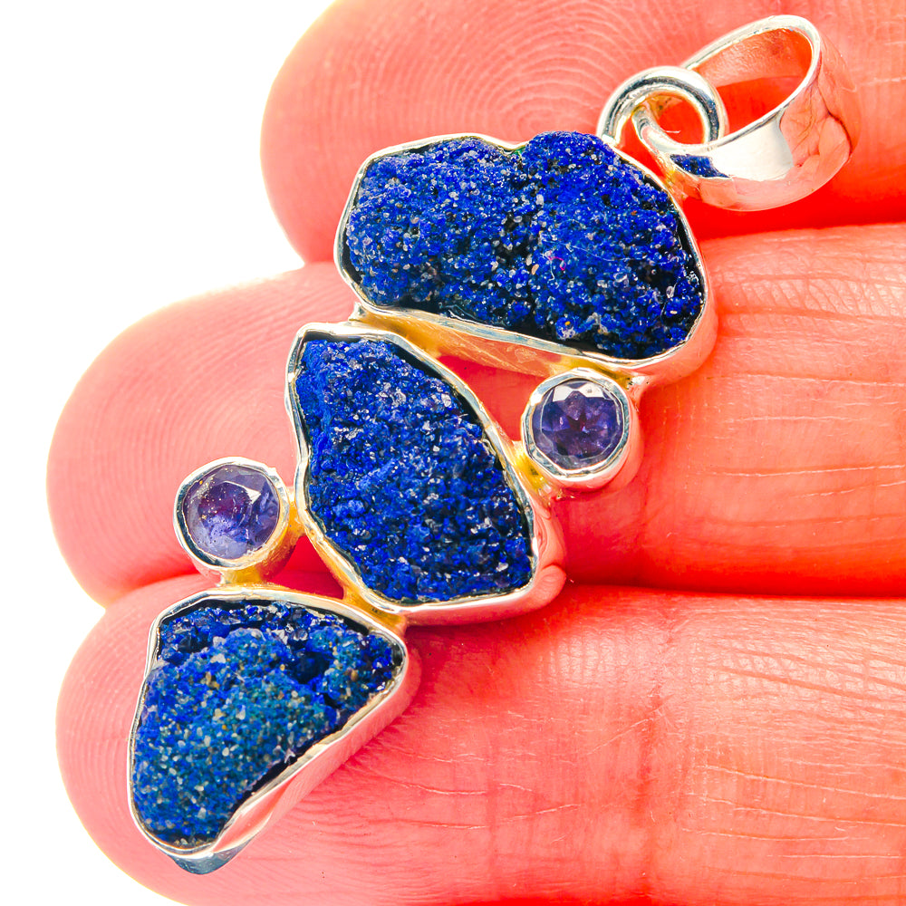 925 sterling silver lapis lazuli pendant with rough blue stones, round purple accent, loop bail