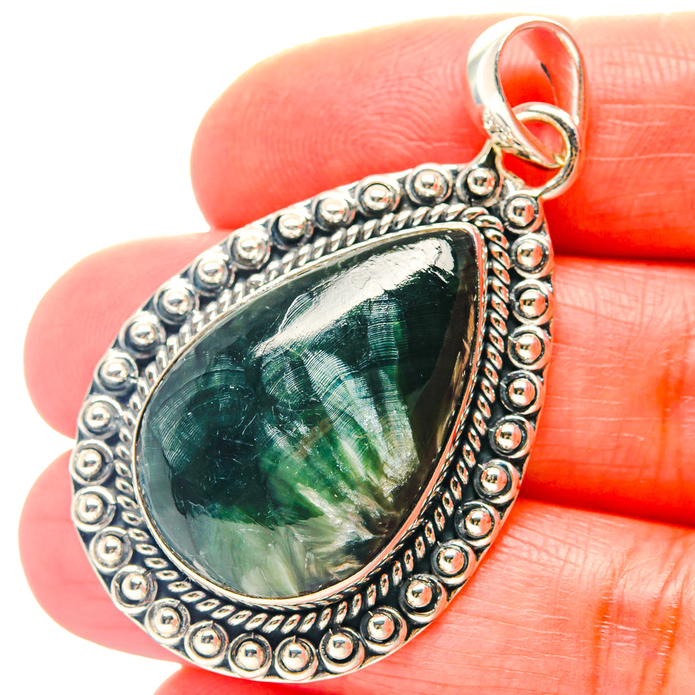 Teardrop seraphinite pendant, 925 sterling silver with ornate bezel and loop bail