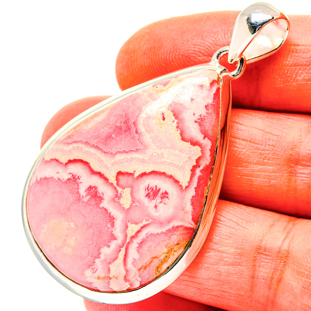 Teardrop rhodochrosite pendant in 925 sterling silver, pink marbled stone in silver bezel