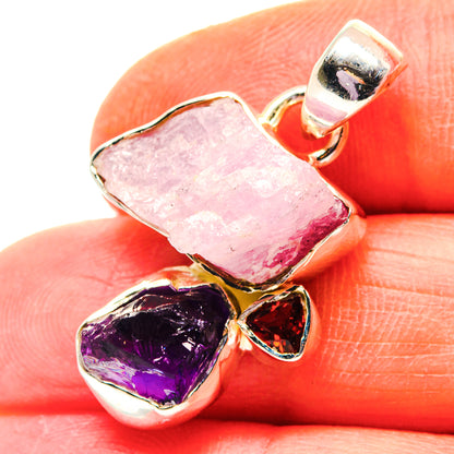 Rough rose quartz, amethyst and garnet pendant in 925 sterling silver, with bail
