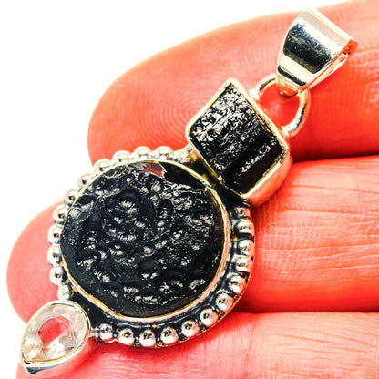 Sterling silver tektite pendant with round dark gemstone, square top, clear teardrop accent