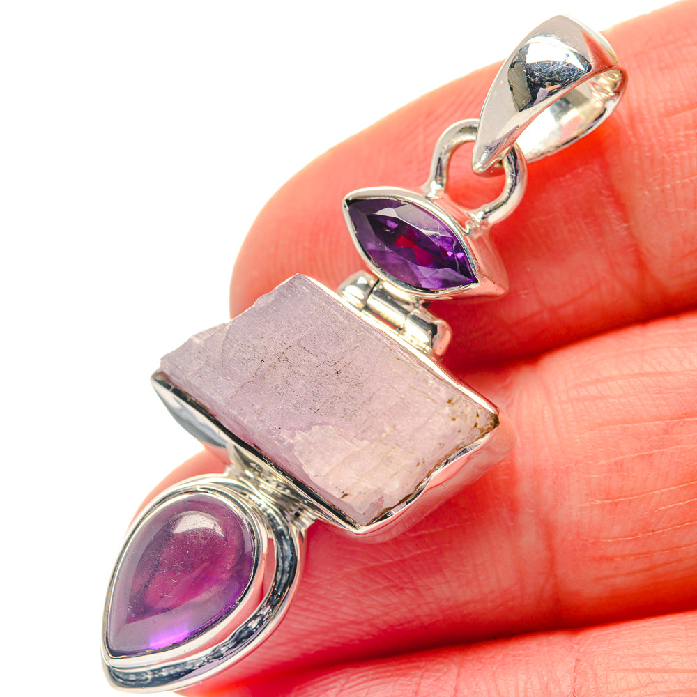 925 sterling silver pendant close-up: rough pink kunzite with purple amethyst stones