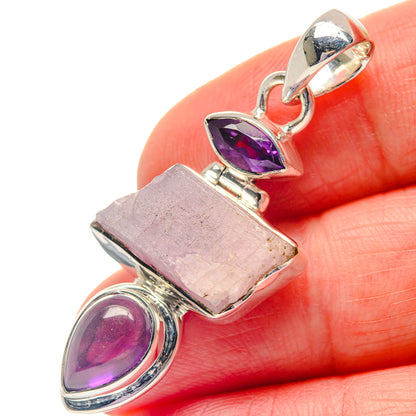 925 sterling silver pendant close-up: rough pink kunzite with purple amethyst stones