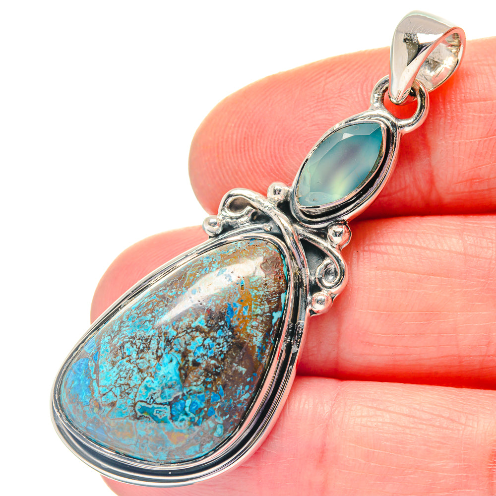 Aqua chalcedony and shattuckite pendant, 925 sterling silver oval settings