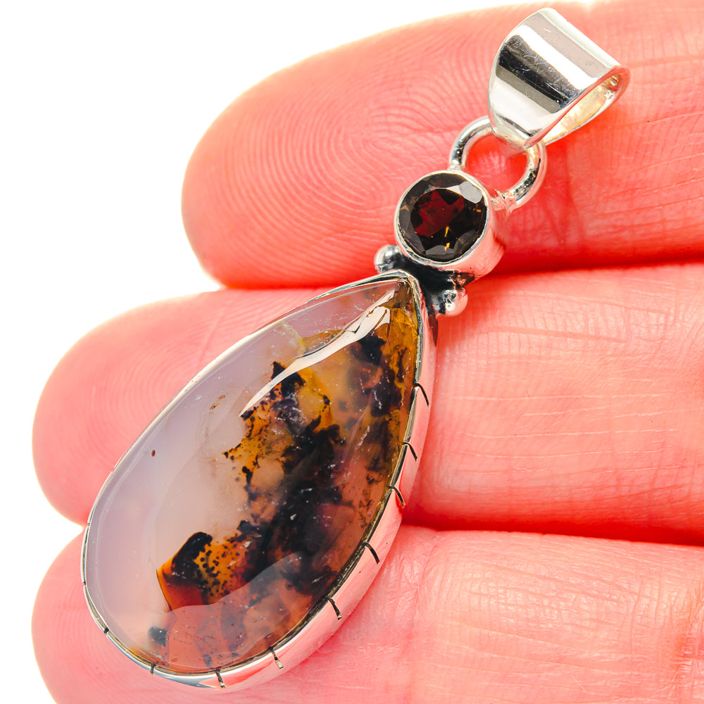 Amber teardrop stone pendant with dark round top accent, 925 sterling silver