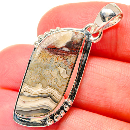 Sterling silver agate pendant with rectangle lace agate stone, scalloped bezel, loop bail