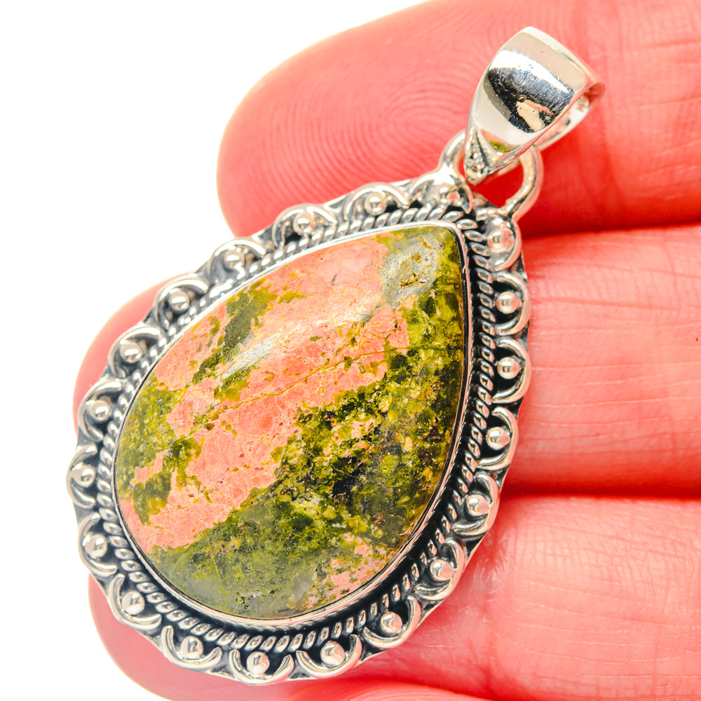 Unakite oval pendant with ornate 925 sterling silver bezel and loop bail