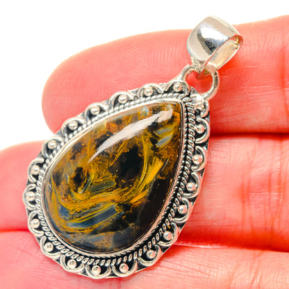 Sterling silver pietersite pendant with oval marbled stone and hinged bail