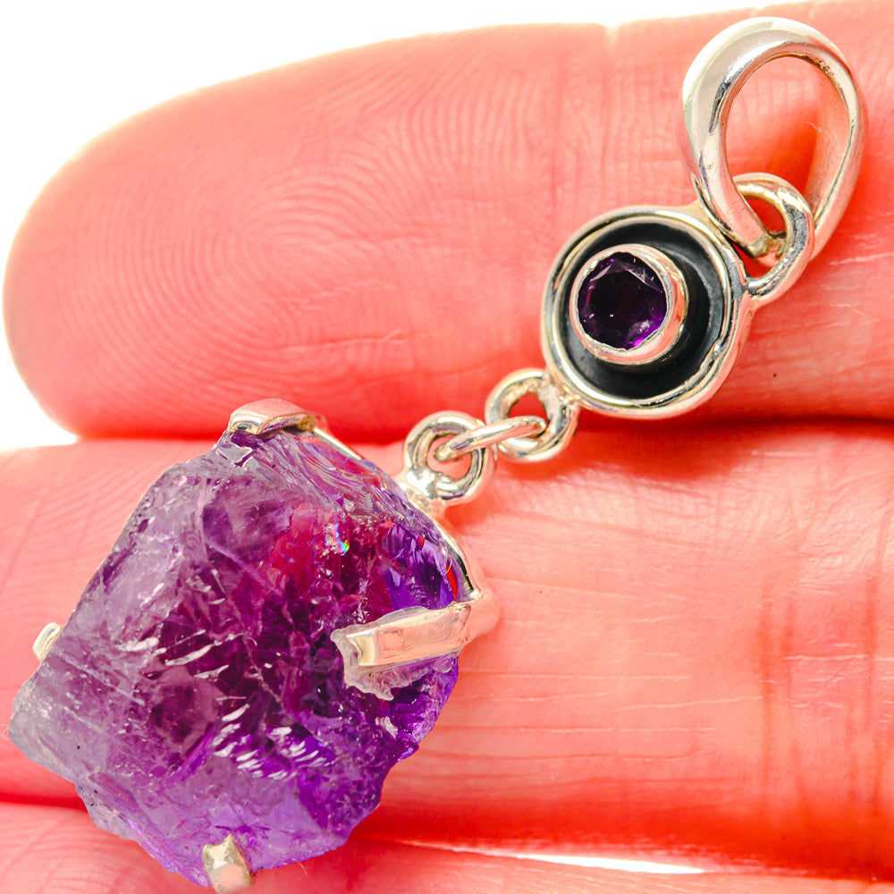 Rough amethyst pendant detail: purple crystal with 925 sterling silver bezel and loop bail