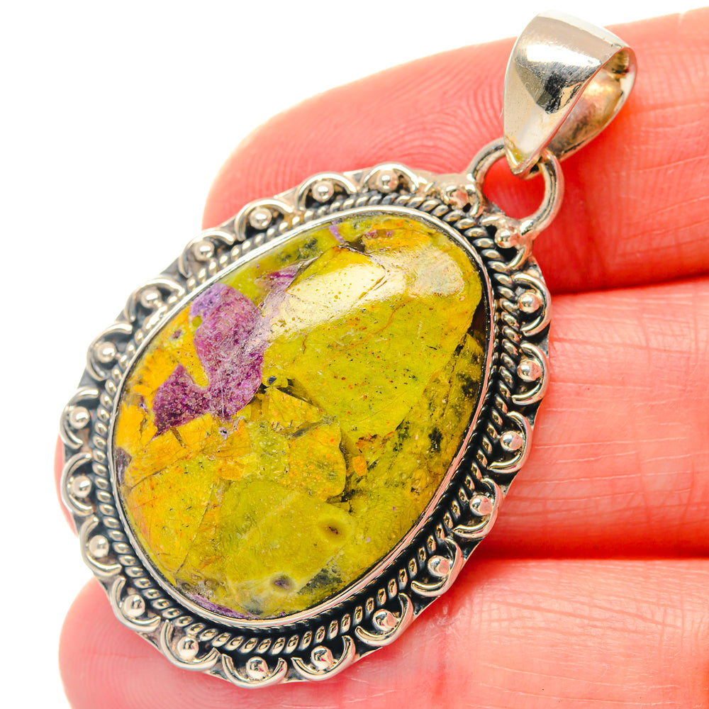 Oval sterling silver pendant with yellow-green jasper cabochon and purple veining