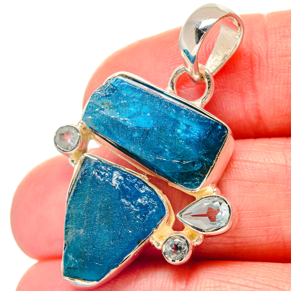 925 sterling silver rough blue stone pendant with round clear stones and top bail, close-up