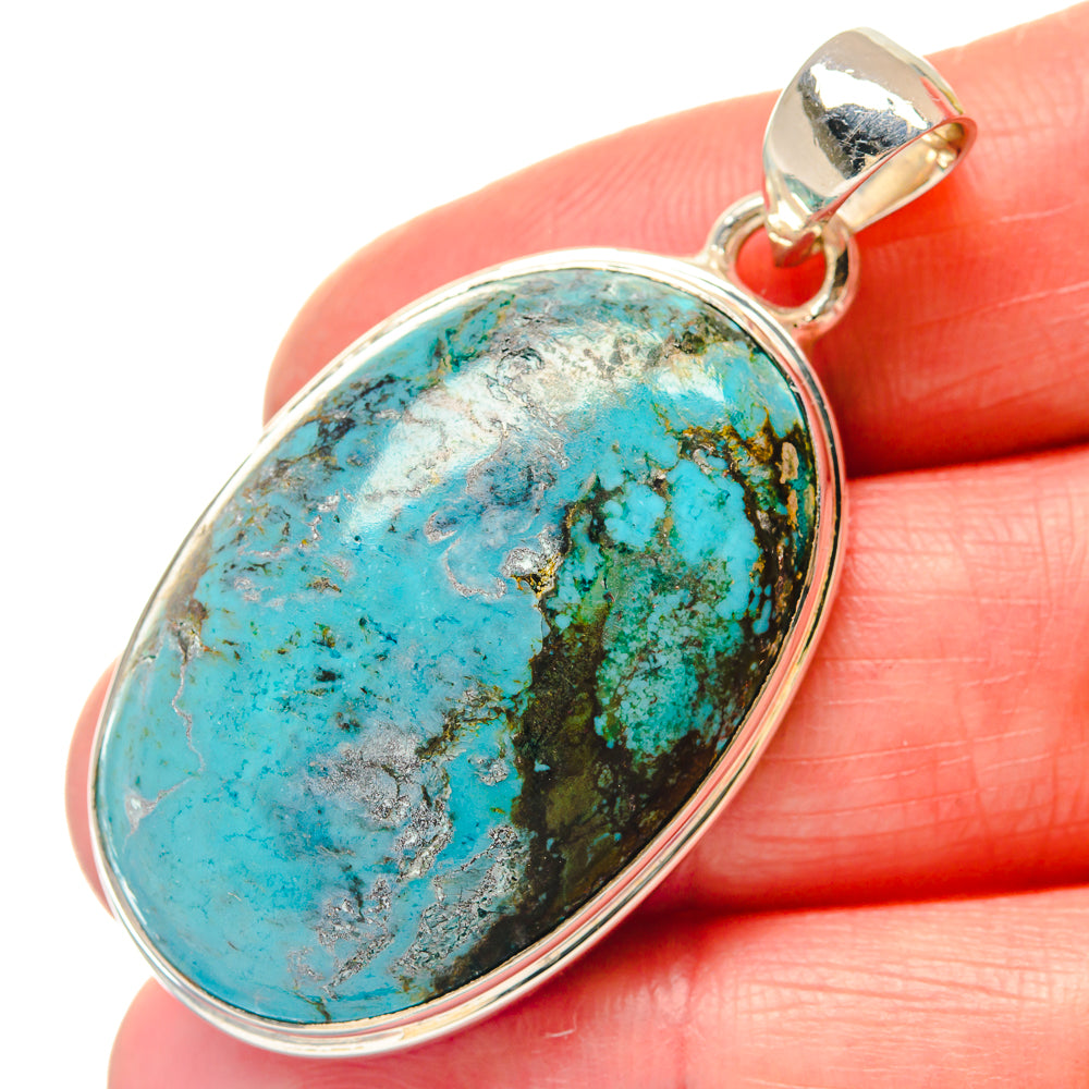 925 sterling silver Tibetan turquoise oval pendant, teal stone with gold-brown veining