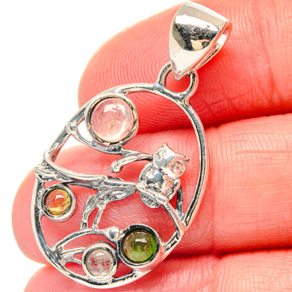 925 sterling silver tourmaline pendant with round green and pink cabochon stones