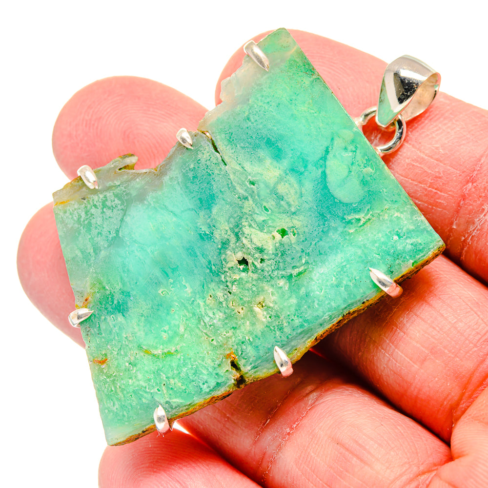 Rough green chrysoprase pendant with 925 sterling silver setting and bail