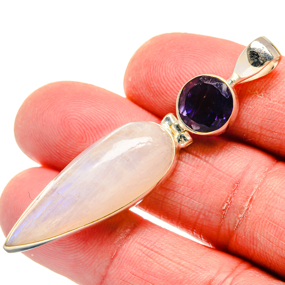 Moonstone teardrop pendant with round purple gemstone and 925 silver bail