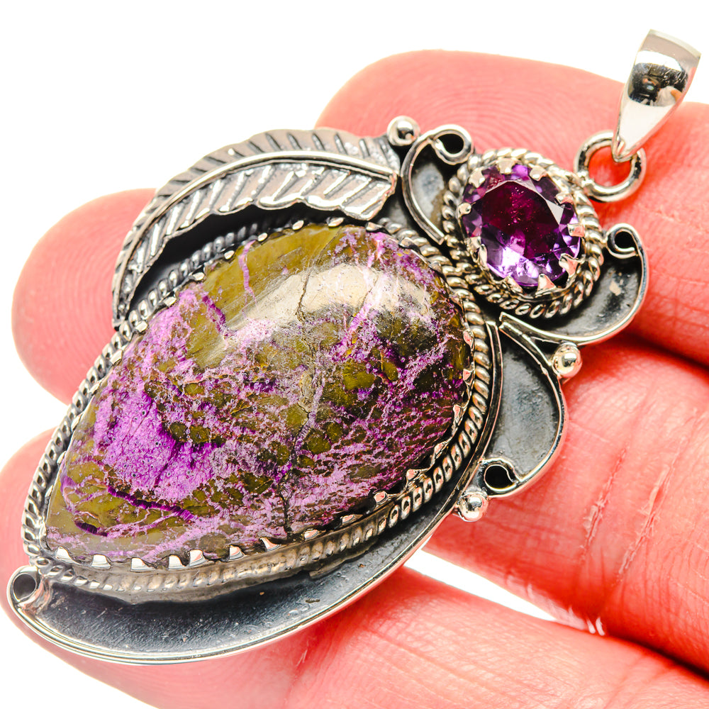925 sterling silver pendant close-up with oval stichtite and purple amethyst bezel, top bail
