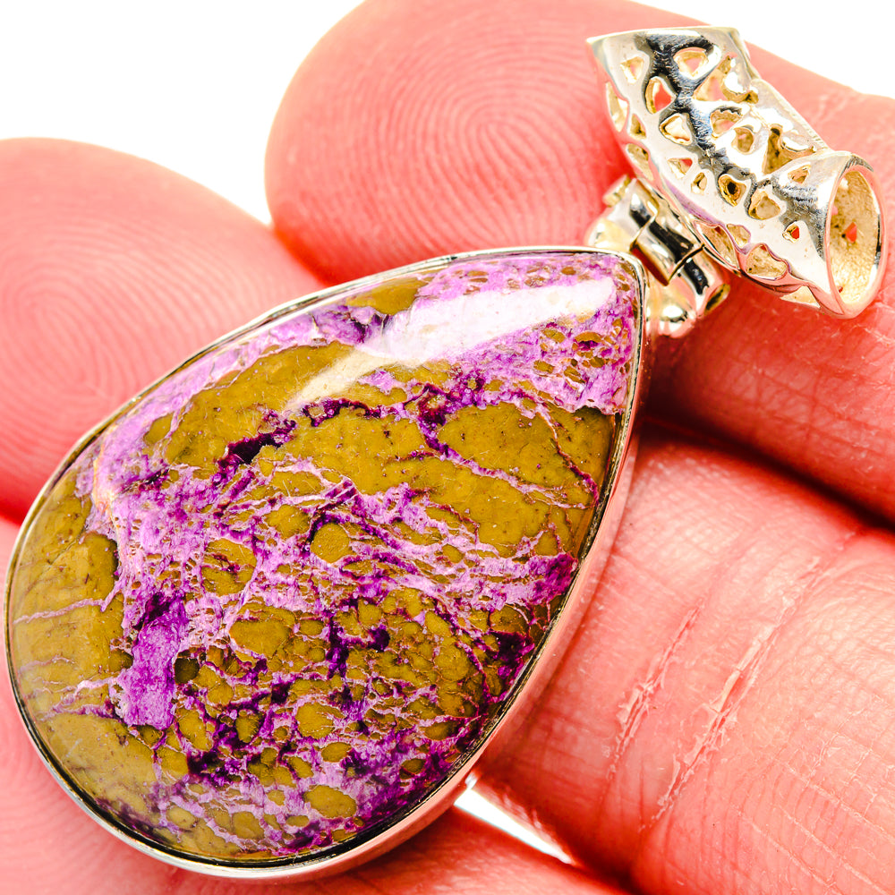 Teardrop stichtite pendant in gold-tone bezel, purple and yellow stone with silver edge