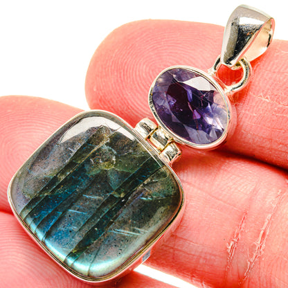 925 sterling silver double-stone pendant with labradorite rectangle and tanzanite oval