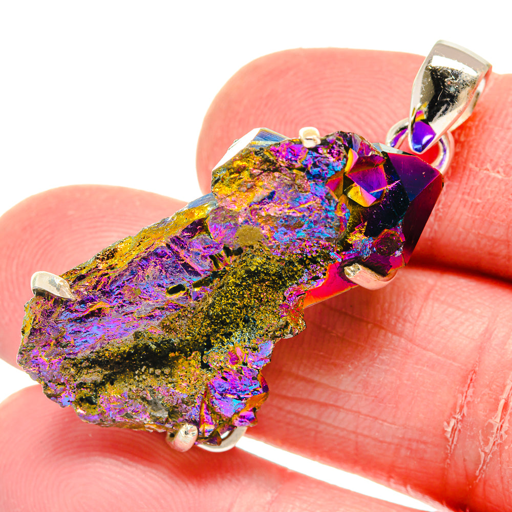 Rainbow drusy pendant with faceted silver bail; purple, gold, and blue sparkles