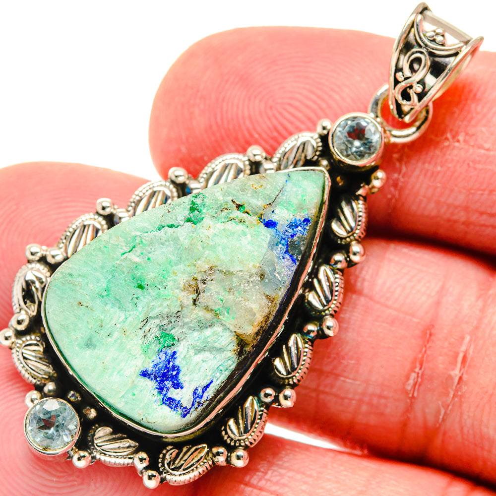 Rough azurite teardrop pendant, ornate sterling silver prong setting with blue stones