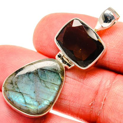 925 sterling silver pendant with oval labradorite and faceted dark smoky quartz bezel