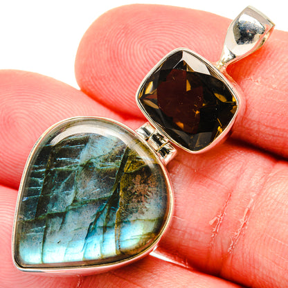 Heart gemstone pendant in sterling silver with labradorite and dark smoky quartz