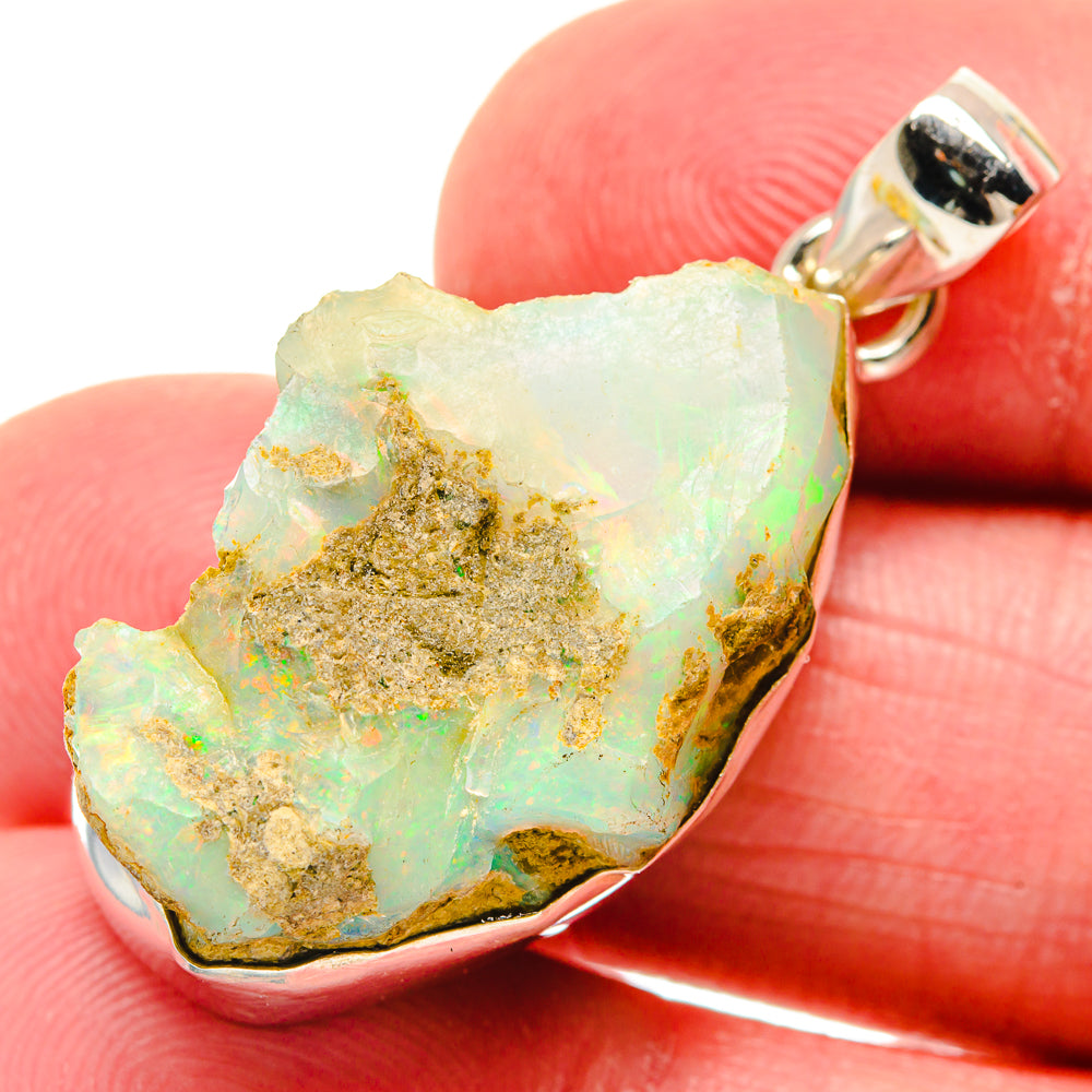 Rough Ethiopian opal pendant in 925 sterling silver, rough turquoise stone with gold matrix