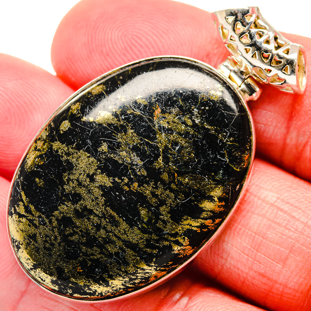 Black onyx teardrop pendant with gold flecks, 925 sterling silver bezel and bail