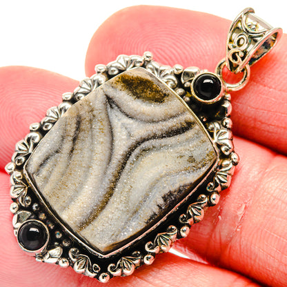 Black onyx and desert druzy stone pendant with ornate 925 sterling silver frame