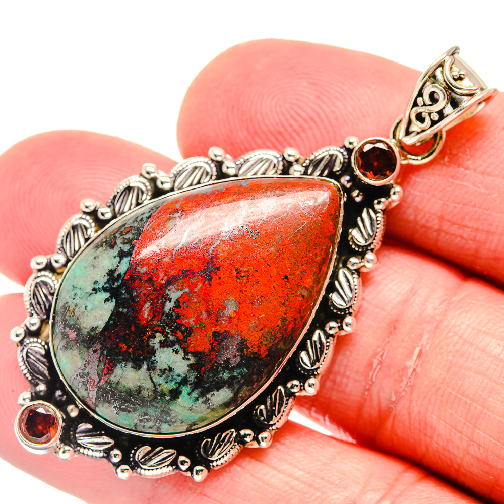 Teardrop Sonora Sunrise garnet pendant in ornate 925 sterling silver with red accents