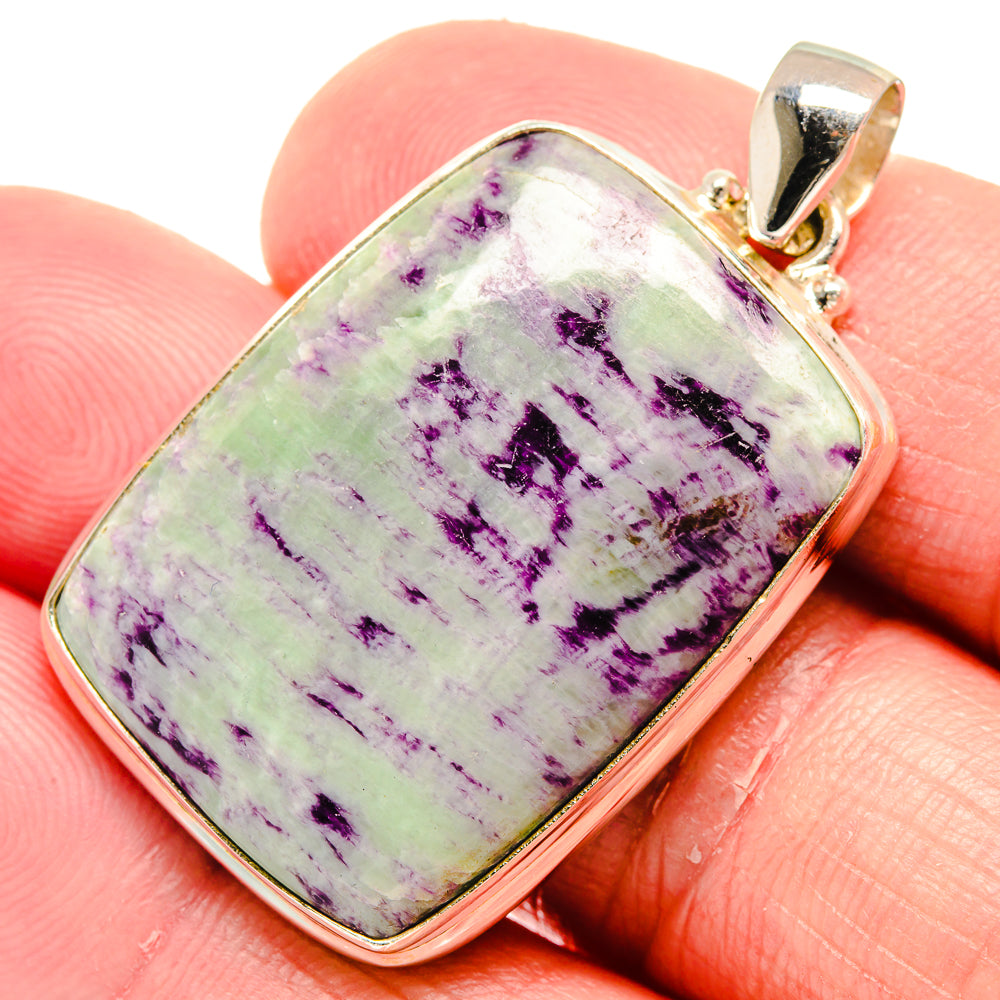 Kammererite pendant in 925 sterling silver, rectangular purple-green stone with gold bail.