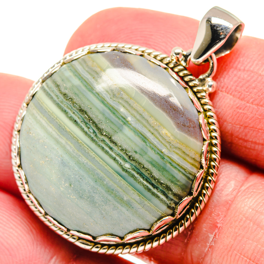 Ocean jasper pendant with oval green striped stone, rope silver bezel and bail