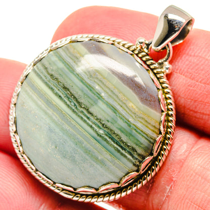 Ocean jasper pendant with oval green striped stone, rope silver bezel and bail