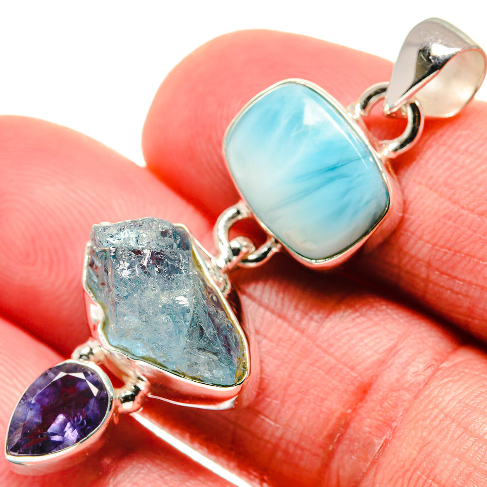 Sterling silver gemstone pendant: rectangular blue cabochon, rough blue stone, purple teardrop