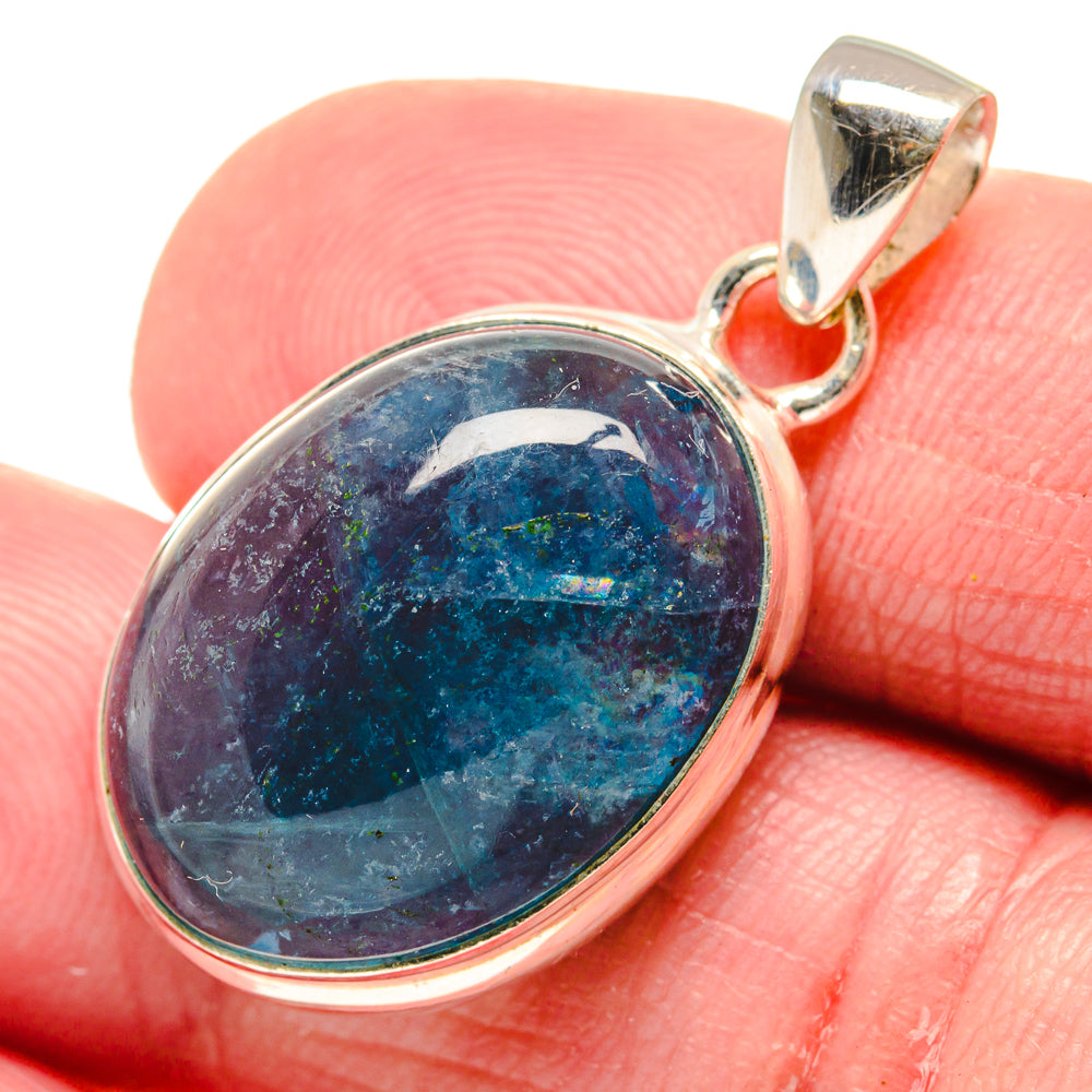 Oval apatite pendant with blue marbled stone, 925 sterling silver bezel and bail