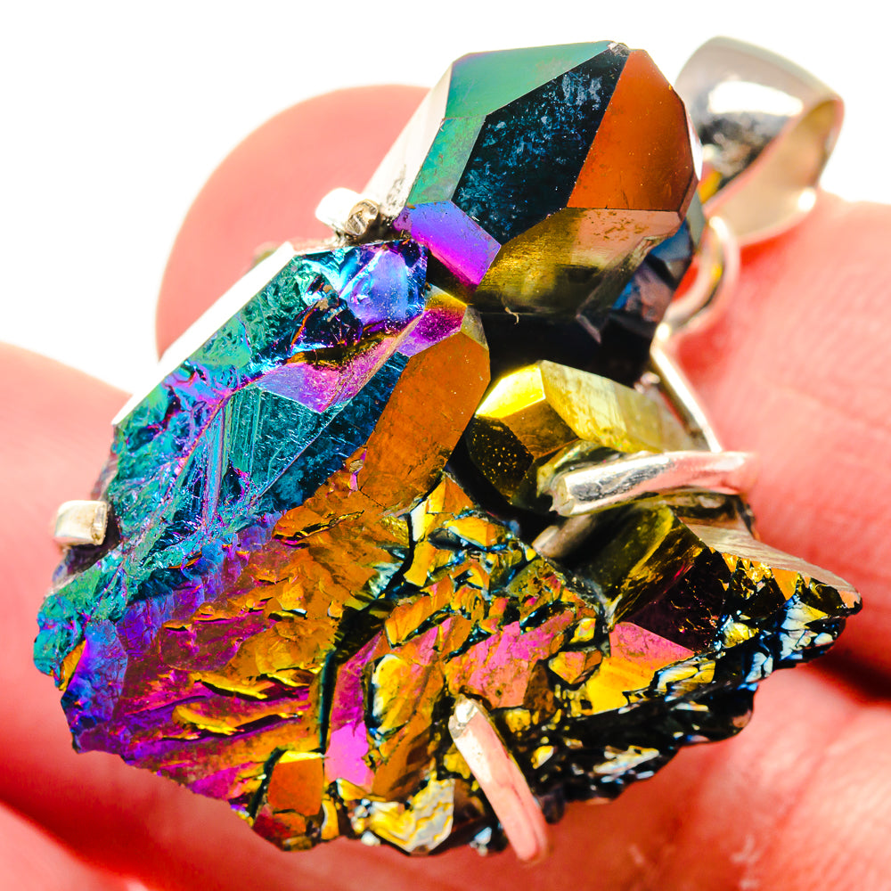 Iridescent druzy crystal pendant with rainbow facets and 925 silver prong setting