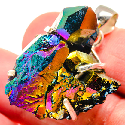 Iridescent druzy crystal pendant with rainbow facets and 925 silver prong setting