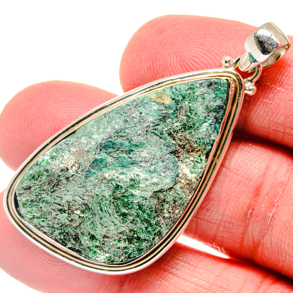 Green fuchsite teardrop pendant with 925 sterling silver bezel and bail
