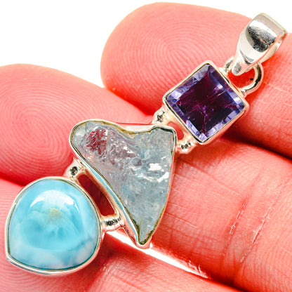 Sterling silver gemstone pendant with purple square, teal marquise, and blue round cabochon