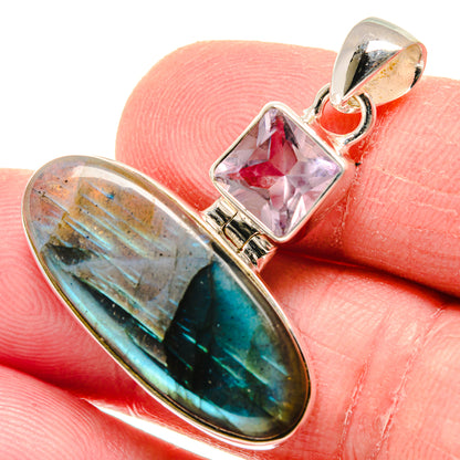 Oval labradorite pendant with pink faceted kunzite and 925 sterling silver bail