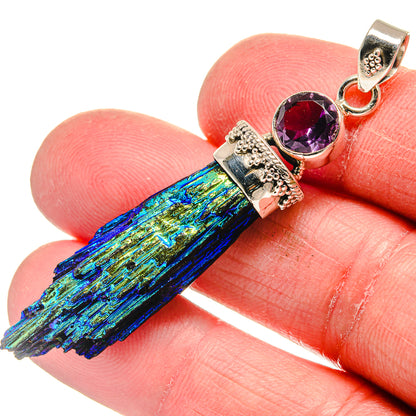 Amethyst druzy pendant with blue-green crystal and sterling silver bail.
