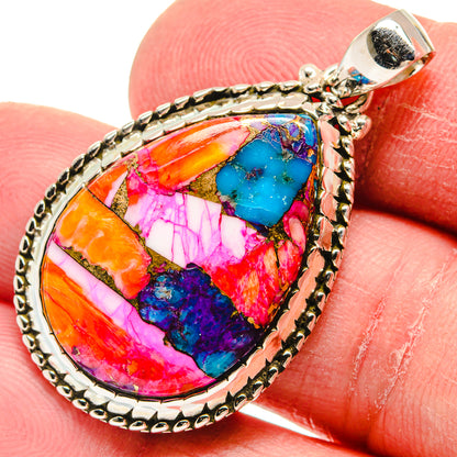 Multicolor cabochon gemstone pendant in 925 sterling silver with bail and rope border