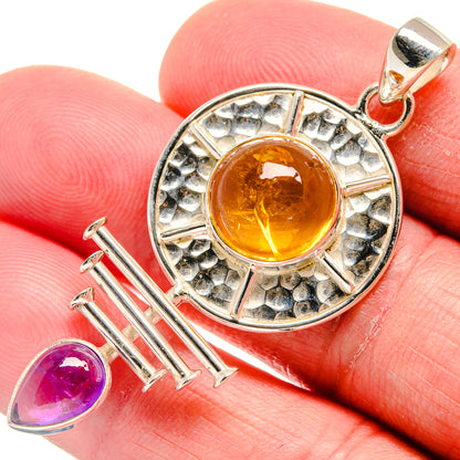 Citrine gemstone pendant, round amber stone in 925 sterling silver halo with bail