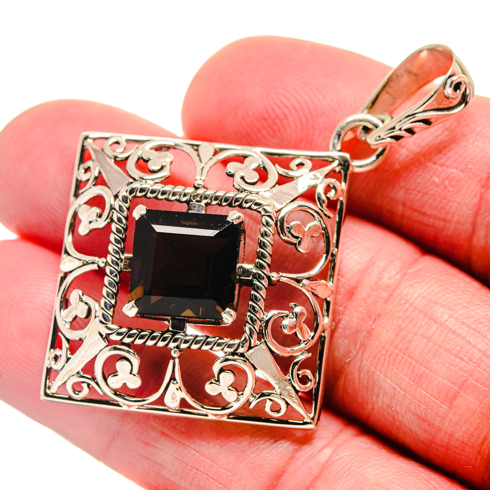 Sterling silver square smoky quartz pendant, ornate scroll filigree