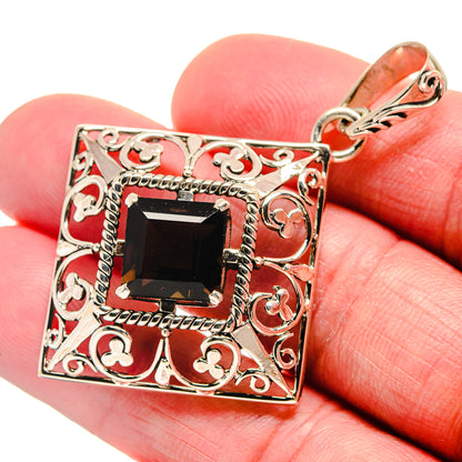 Sterling silver square smoky quartz pendant, ornate scroll filigree