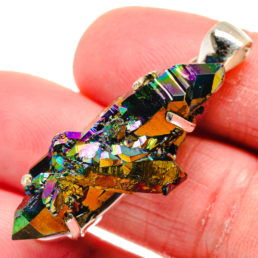 Sterling silver druzy pendant with rainbow iridescent crystal slice, silver bail