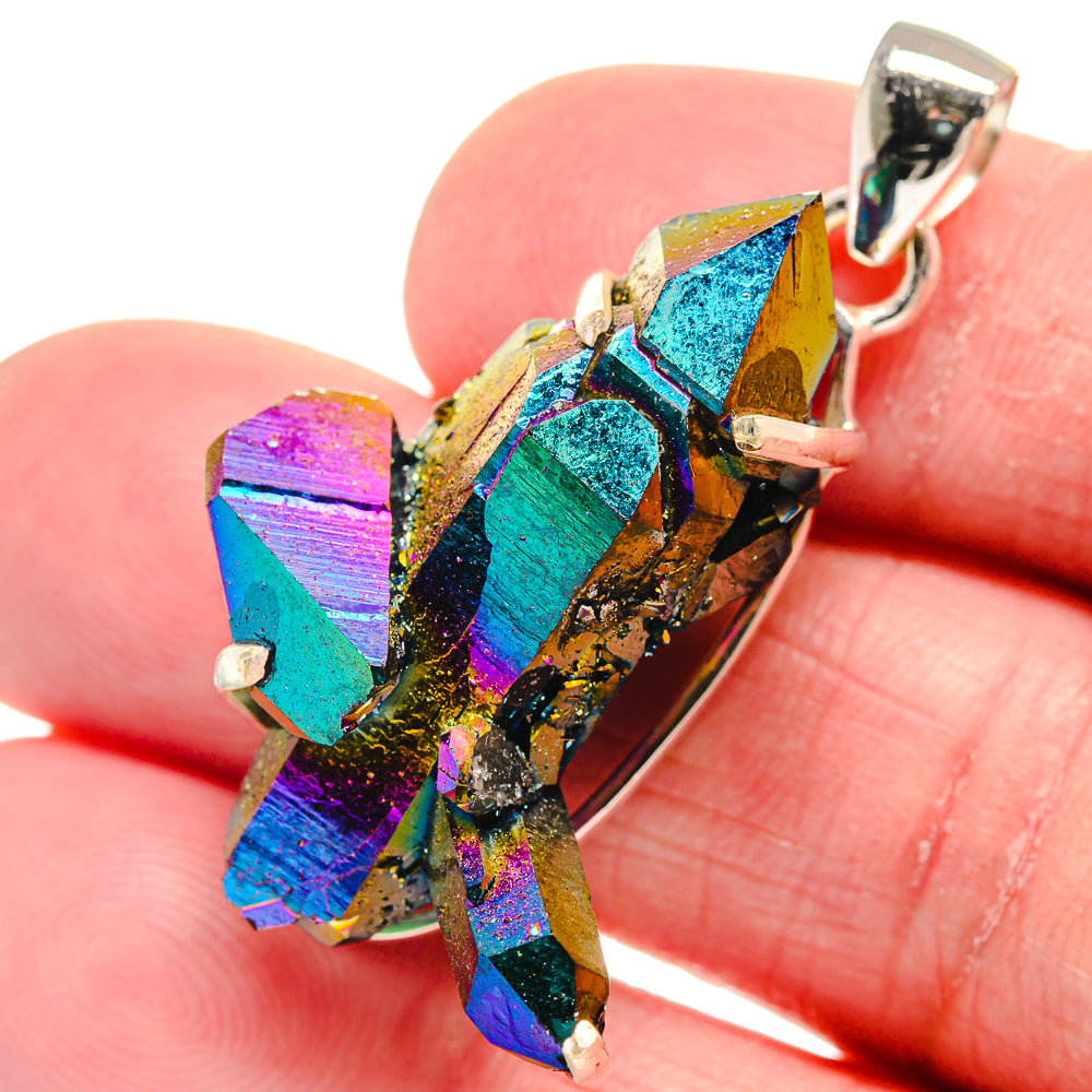 Sterling silver druzy pendant with rainbow glitter crystal cluster, top loop bail
