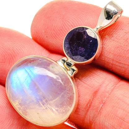 925 sterling silver pendant with round rainbow moonstone and dark purple tanzanite